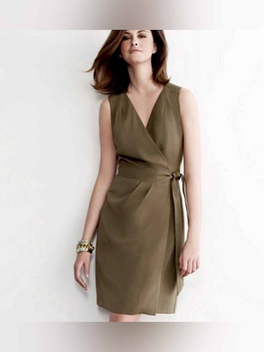 Banana Republic Sleeveless Olive Wrap Midi Dress with Side Tie/Work/Office EC.